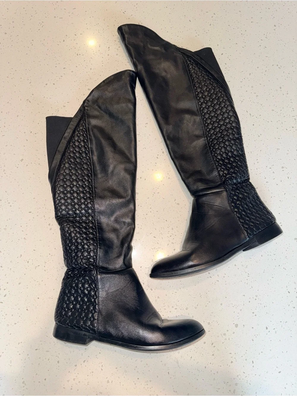 Chinese Laundry Black Over-the-Knee Leather Boots with Woven Panels